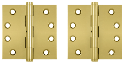 Pair 4 Inch X 4 Inch Non-Removable Pin Hinge Interchangeable Finials (Square Corner, PVD Polished Brass Finish)