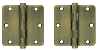 Pair 3 1/2 Inch X 3 1/2 Inch Solid Brass Hinge Interchangeable Finials (1/4 Radius Corner, Antique Brass Finish)
