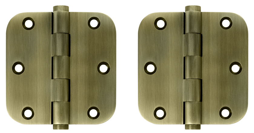 Pair 3 1/2 Inch X 3 1/2 Inch Solid Brass Hinge Interchangeable Finials (5/8 Radius Corner, Antique Brass Finish)