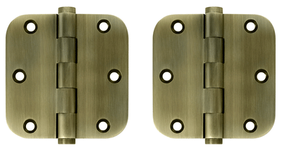 Pair 3 1/2 Inch X 3 1/2 Inch Solid Brass Hinge Interchangeable Finials (5/8 Radius Corner, Antique Brass Finish)