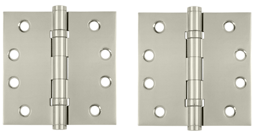 Pair 4 Inch X 4 Inch Double Ball Bearing Hinge Interchangeable Finials (Square Corner, Polished Nickel Finish)
