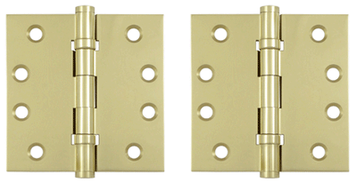Pair 4 Inch X 4 Inch Double Ball Bearing Hinge Interchangeable Finials (Square Corner, Unlacquered Brass Finish)