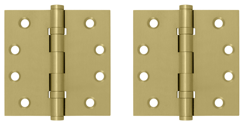 Pair 4 Inch X 4 Inch Double Ball Bearing Hinge Interchangeable Finials (Square Corner, Brushed Brass Finish)