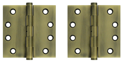 Pair 4 Inch X 4 Inch Non-Removable Pin Hinge Interchangeable Finials (Square Corner, Polished Brass Finish)
