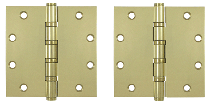 5 Inch X 5 Inch Solid Brass Four Ball Bearing Square Hinge (Unlacquered Brass Finish)
