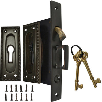 Georgian Square Pattern Single Pocket Privacy (Lock) Style Door Set (Oil Rubbed Bronze)