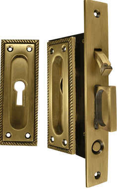 Georgian Square Pattern Single Pocket Privacy (Lock) Style Door Set (Antique Brass)