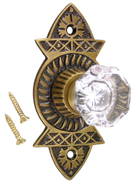 1 3/8 Inch Crystal Octagon Knob Eastlake Backplate (Antique Brass Finish)
