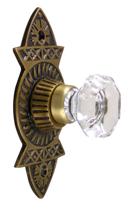 1 3/8 Inch Crystal Octagon Knob Eastlake Backplate (Antique Brass Finish)