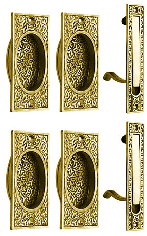 Rice Pattern Double Pocket Passage Style Door Set (Polished Brass)