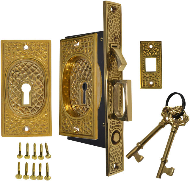 Craftsman Pattern Single Pocket Privacy (Lock) Style Door Set (Polished Brass)