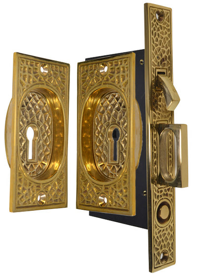 Craftsman Pattern Single Pocket Privacy (Lock) Style Door Set (Polished Brass)