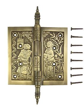 4 1/2 x 4 1/2 Inch Japanesque Style Ornate Solid Brass Hinge (Antique Brass Finish)