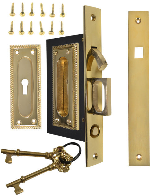 Georgian Square Pattern Single Pocket Privacy (Lock) Style Door Set (Polished Brass)