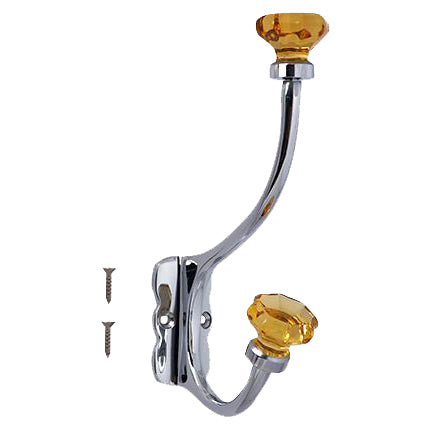 7 Inch Solid Brass Coat Hook & Old Town Amber Glass Knobs (Polished Chrome Finish)