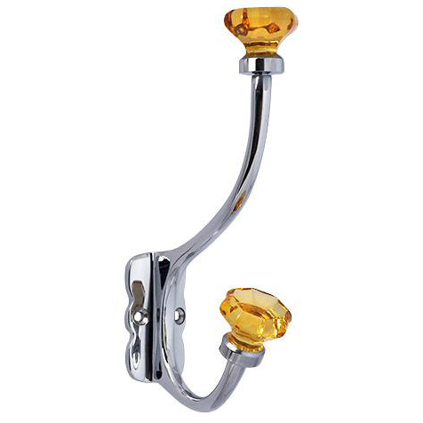 7 Inch Solid Brass Coat Hook & Old Town Amber Glass Knobs (Polished Chrome Finish)