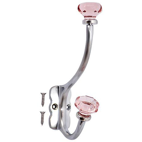 7 Inch Solid Brass Coat Hook & Old Town Pink Glass Knobs (Polished Chrome Finish)