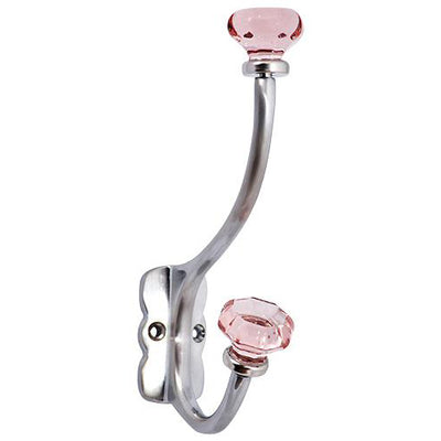 7 Inch Solid Brass Coat Hook & Old Town Pink Glass Knobs (Polished Chrome Finish)