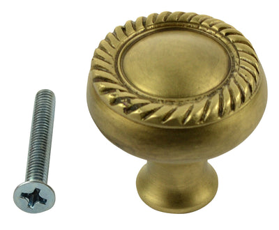 1 1/4 Inch Solid Brass Round Georgian Roped Border Knob (Antique Brass Finish)