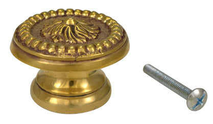 1 1/2 Inch Solid Brass Victorian Beaded Swirl Knob (Polished Brass Finish)