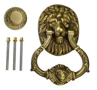 Lion Door Knocker 4 3/4 Inch (3 3/4 Inch c-c) in Solid Brass (Antique Brass Finish)