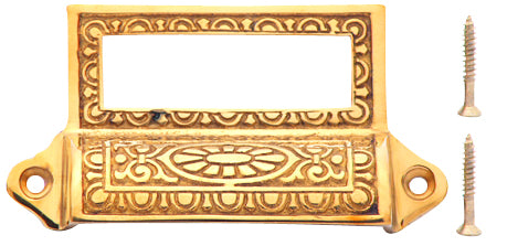 4 1/8 Inch Overall (3 1/2 Inch c-c) Solid Brass Victorian Label Style Bin Pull (Polished Brass Finish)