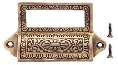 4 1/8 Inch Overall (3 1/2 Inch c-c) Solid Brass Victorian Label Style Bin Pull (Antique Brass Finish)