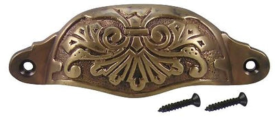 4 3/8 Inch Overall (3 3/4 Inch c-c) Solid Brass Ornate Victorian Scroll Cup or Bin Pull (Antique Brass Finish)