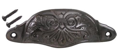 4 3/8 Inch Overall (3 3/4 Inch c-c) Solid Brass Ornate Victorian Scroll Cup or Bin Pull (Oil Rubbed Bronze Finish)