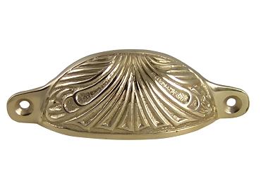 4 Inch Overall (3 2/5 Inch c-c) Solid Brass Art Deco Bin or Cup Pull (Polished Brass Finish)