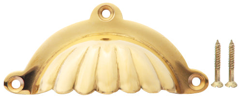 4 Inch Overall (3 1/2 Inch c-c) Solid Brass Scalloped Style Cup Pull (Polished Brass Finish)