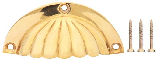 3 1/2 Inch Overall (3 Inch c-c) Solid Brass Scalloped Cup Pull (Polished Brass Finish)