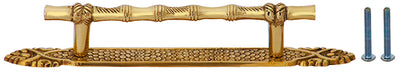 6 Inch Overall (4 1/2 Inch c-c) Japanese Bamboo Pull and Matching Plate (Polished Brass Finish)