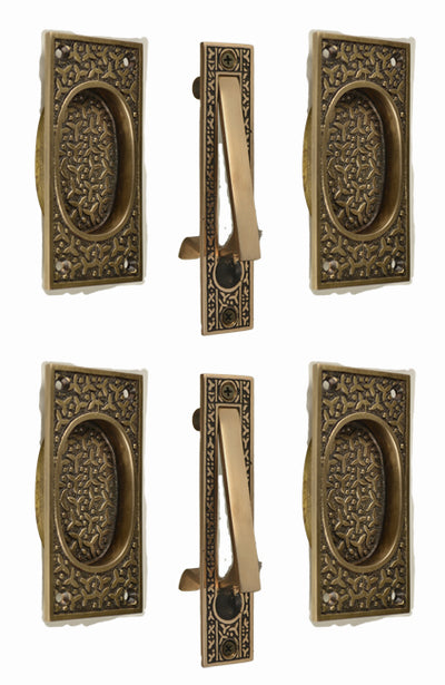 Rice Pattern Double Pocket Passage Style Door Set (Antique Brass)
