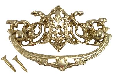 4 Inch Solid Brass Ornate Baroque / Rococo Bail Pull (Polished Brass Finish)