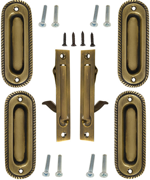 Georgian Pattern Double Pocket Passage Style Door Set (Antique Brass Finish)