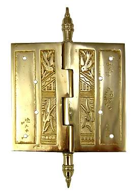 4 1/2 x 4 1/2 Inch Japanesque Style Ornate Solid Brass Hinge (Polished Brass Finish)