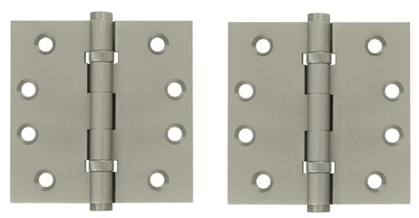 Pair 4 Inch X 4 Inch Double Ball Bearing Hinge Interchangeable Finials (Square Corner, Brushed Nickel Finish)