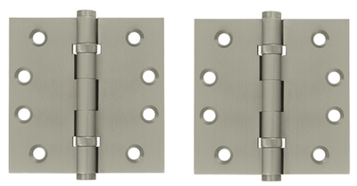 Pair 4 Inch X 4 Inch Double Ball Bearing Hinge Interchangeable Finials (Square Corner, Brushed Nickel Finish)