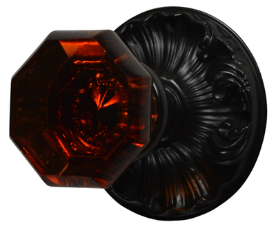Octagon Amber Glass Knob with Romanesque Rosette