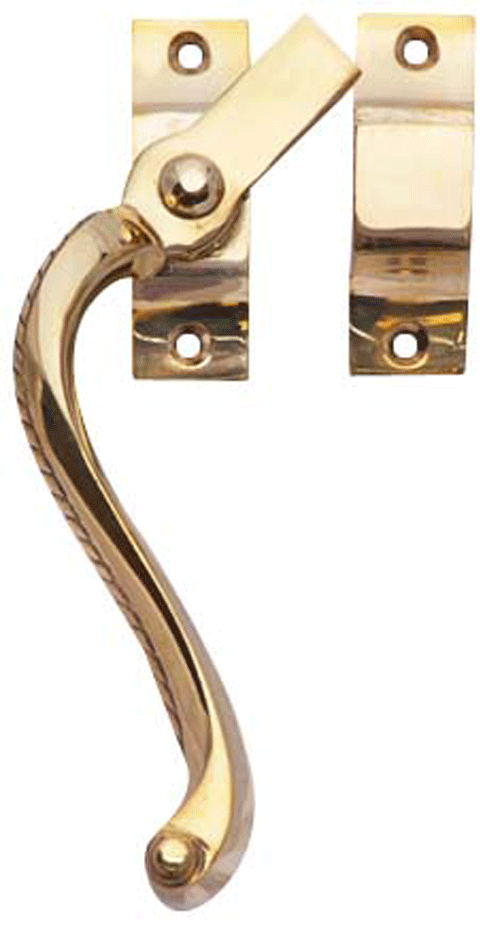 Solid Brass Left Hinge Window Lock Georgian Roped Pattern (Lacquered Brass Finish)
