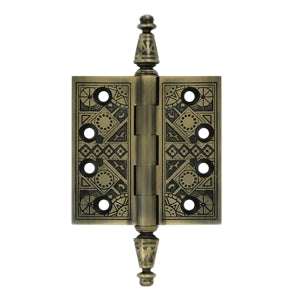 3 1/2 X 3 1/2 Inch Solid Brass Ornate Finial Style Hinge (Antique Brass Finish)