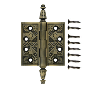 3 1/2 X 3 1/2 Inch Solid Brass Ornate Finial Style Hinge (Antique Brass Finish)