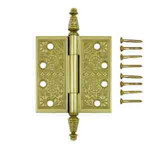 DELTANA 4 X 4 Inch Solid Brass Ornate Finial Style Hinge Polished Brass Finish