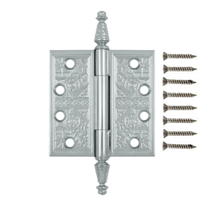 4 X 4 Inch Solid Brass Ornate Finial Style Hinge (Polished Chrome Finish)