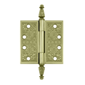 DELTANA 4 X 4 Inch Solid Brass Ornate Finial Style Hinge (Unlacquered Brass Finish)